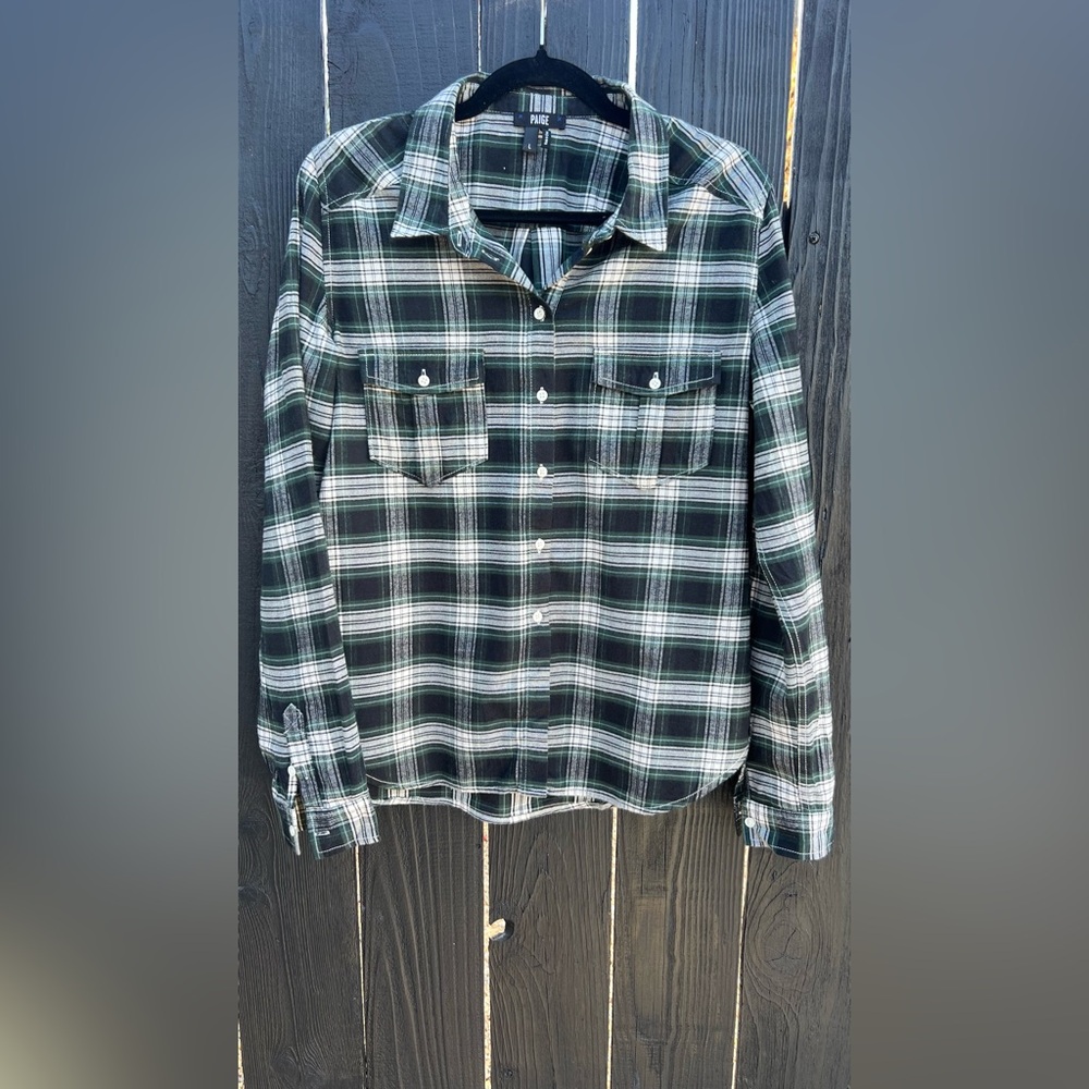 PAIGE Black and Green Plaid Button Down Shirt